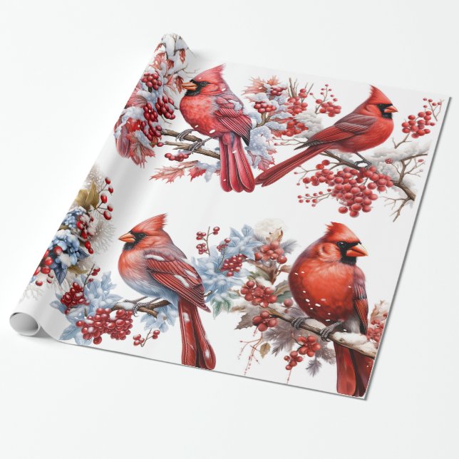 Red White Winter Wonderland Cardinals Christmas Wrapping Paper (Unrolled)