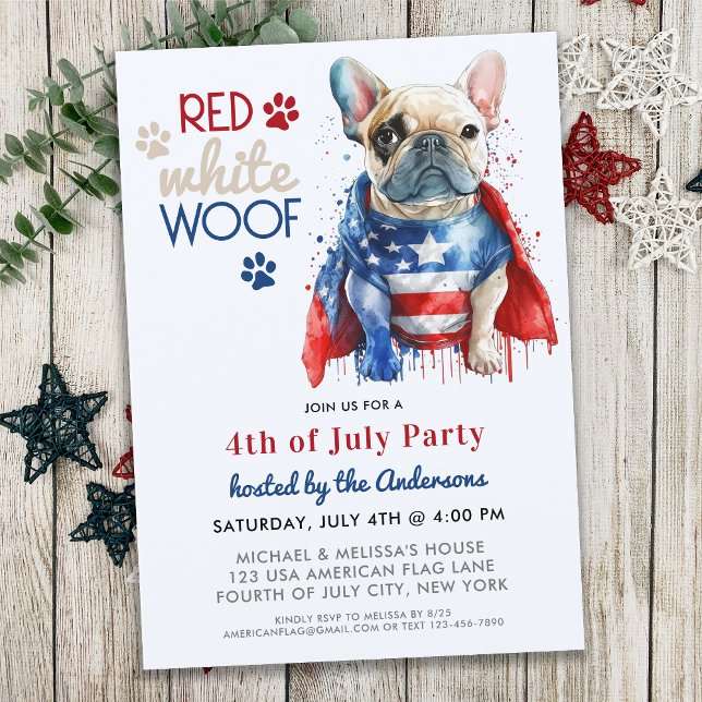 Red White Woof Patriotic French Bulldog 4th O July Invitation (Creator Uploaded)