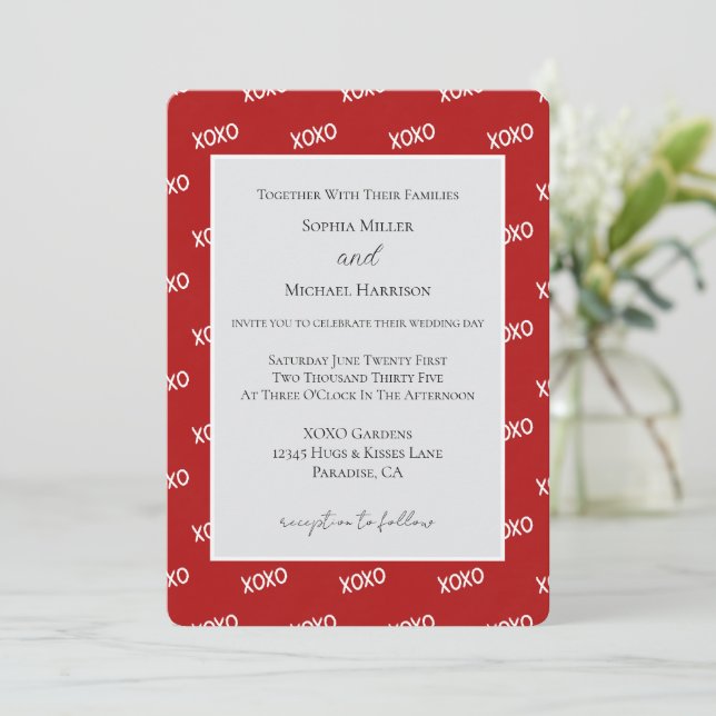Red White XOXO Love Wedding Invitation (Standing Front)