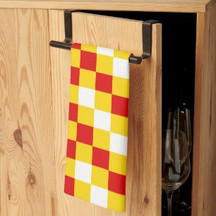 Red White Yellow Chequered Pattern Design Tea Towel