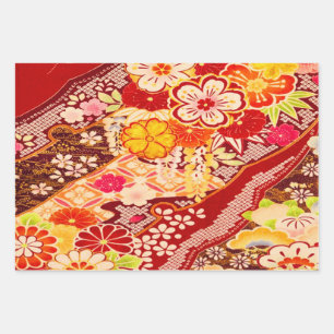 Red White Yellow Japanese Kimono Floral Decoupage Wrapping Paper Sheet