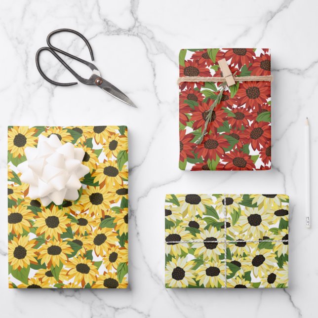 Red White Yellow Sunflower Floral Patterns Wrapping Paper Sheet (Front)