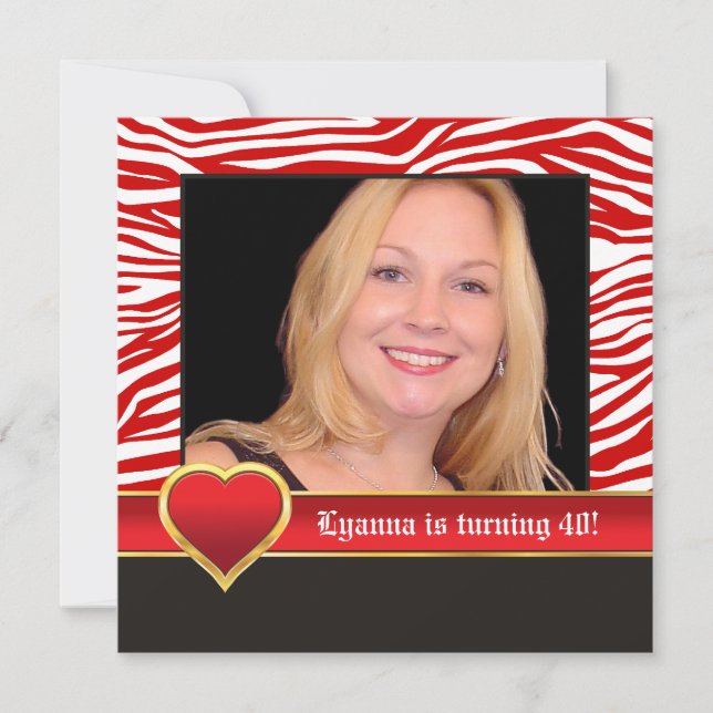 Red, white zebra & heart 40th birthday photo invitation (Front)