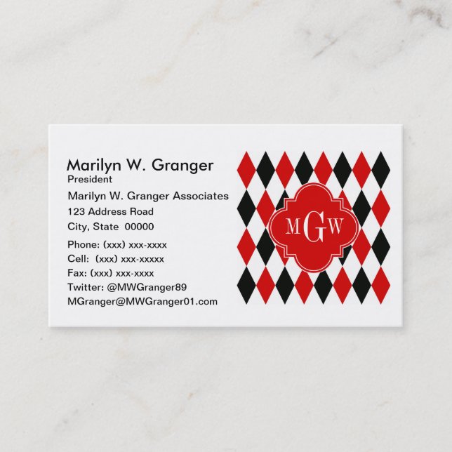 Red Wht Black Harlequin Red Quatrefoil 3 Monogram Business Card (Front)
