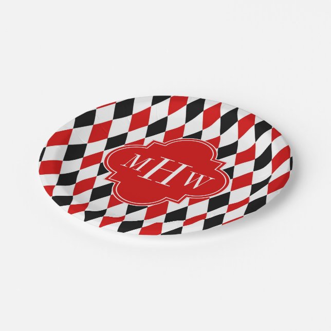 Red Wht Black Harlequin Red Quatrefoil 3 Monogram Paper Plate (Angled)