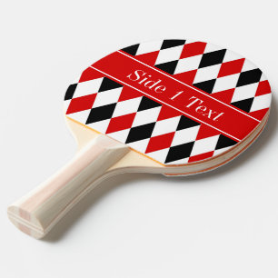 Red Wht Black Harlequin Red Ribbon Name Monogram Ping Pong Paddle