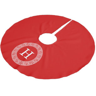 Red Wht Greek Key Rnd Frame Initial Monogram Brushed Polyester Tree Skirt