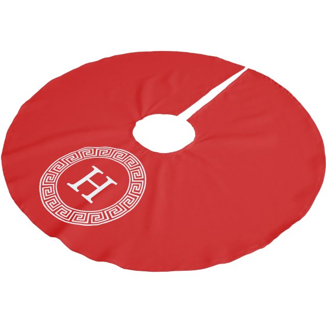 Red Wht Greek Key Rnd Frame Initial Monogram Brushed Polyester Tree Skirt (Angled)