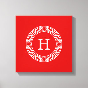 Red Wht Greek Key Rnd Frame Initial Monogram Canvas Print