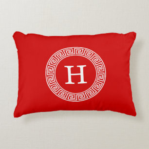 Red Wht Greek Key Rnd Frame Initial Monogram Decorative Cushion