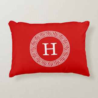 Red Wht Greek Key Rnd Frame Initial Monogram Decorative Cushion
