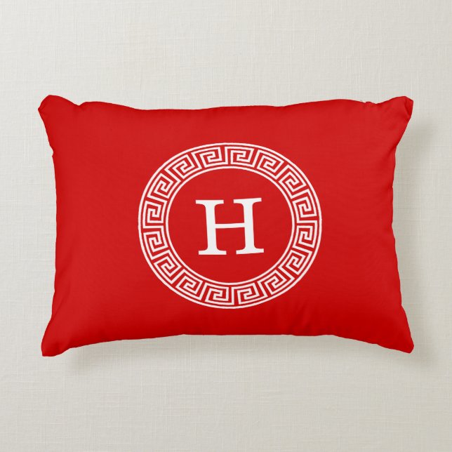 Red Wht Greek Key Rnd Frame Initial Monogram Decorative Cushion (Front)