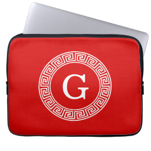 Red Wht Greek Key Rnd Frame Initial Monogram Laptop Sleeve
