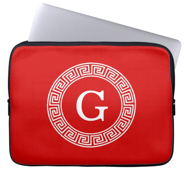 Red Wht Greek Key Rnd Frame Initial Monogram Laptop Sleeve (Front)