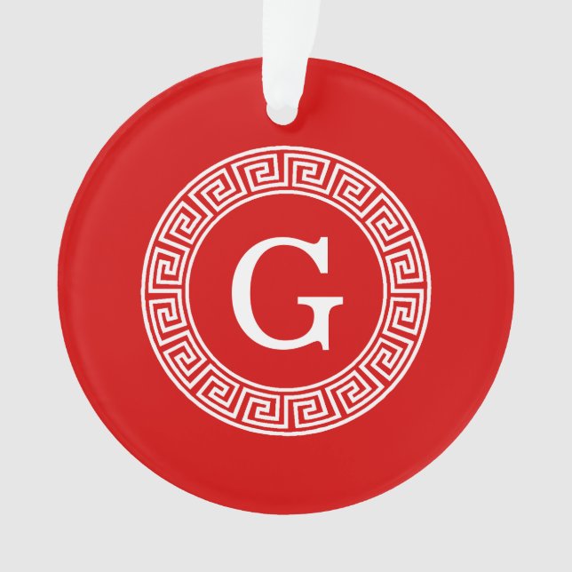 Red Wht Greek Key Rnd Frame Initial Monogram Ornament (Front)