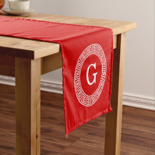 Red Wht Greek Key Rnd Frame Initial Monogram Short Table Runner
