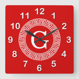 Red Wht Greek Key Rnd Frame Initial Monogram Square Wall Clock