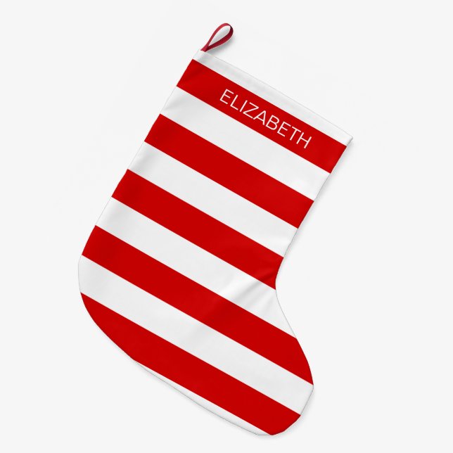 Red Wht Horizontal Preppy Stripe #3 Name Monogram Large Christmas Stocking (Front (Hanging))