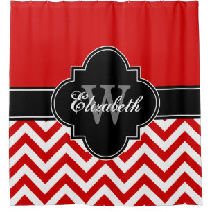 Red Wht LG Chevron Black 1ICBR Name Monogram Shower Curtain