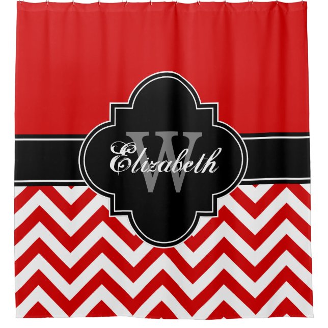 Red Wht LG Chevron Black 1ICBR Name Monogram Shower Curtain (Front)