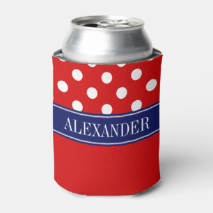 Red Wht LG Polka Dot CB Navy Name Monogram Can Cooler