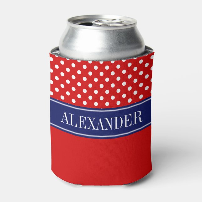 Red Wht Polka Dot CB Navy Name Monogram Can Cooler (Can Front)