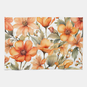 Red Wild Flowers Watercolor Art Tea Towel