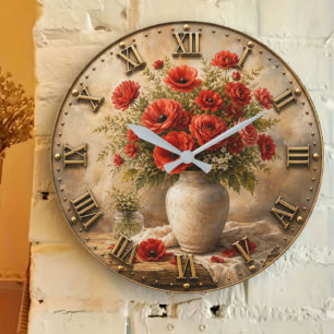 Red Wildflower Bouquet Rustic Floral Farmhouse Large Clock