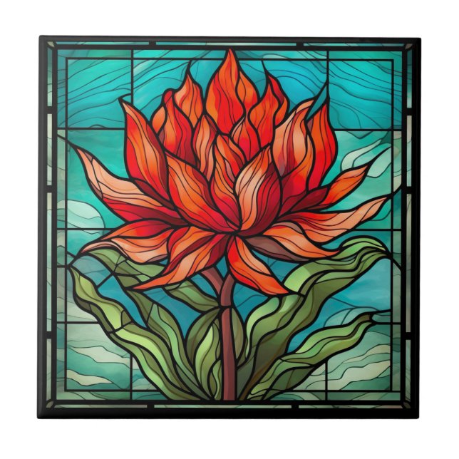 Red Wildflower in Stained Glass Tile (Front)