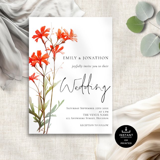 Red Wildflowers Elegant Script Sage Wedding Invitation (Creator Uploaded)