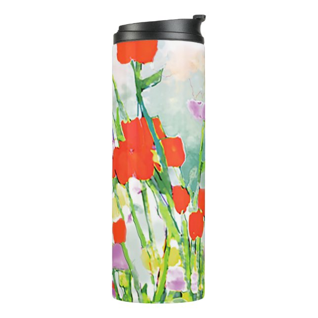 Red Wildflowers in Field WatercolorThermal Tumbler (Rotated Left)