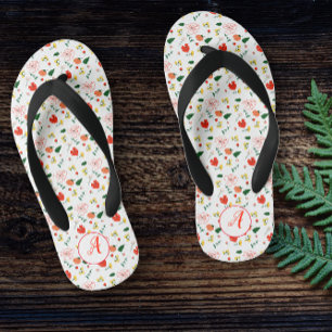Red wildflowers pattern girl initial kid's jandals