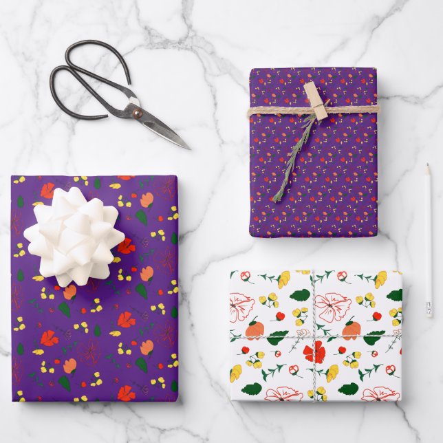 Red wildflowers purple pattern  wrapping paper (Front)