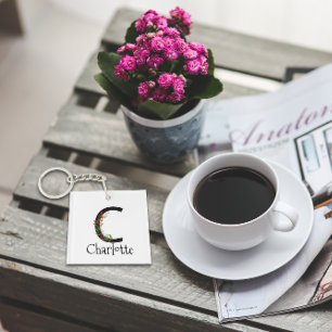 Red wildflowers Watercolor monogram Key Ring