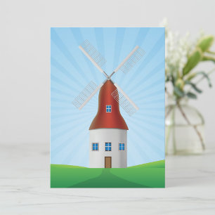Red Windmill on Green Hills Blue Sky Invitation