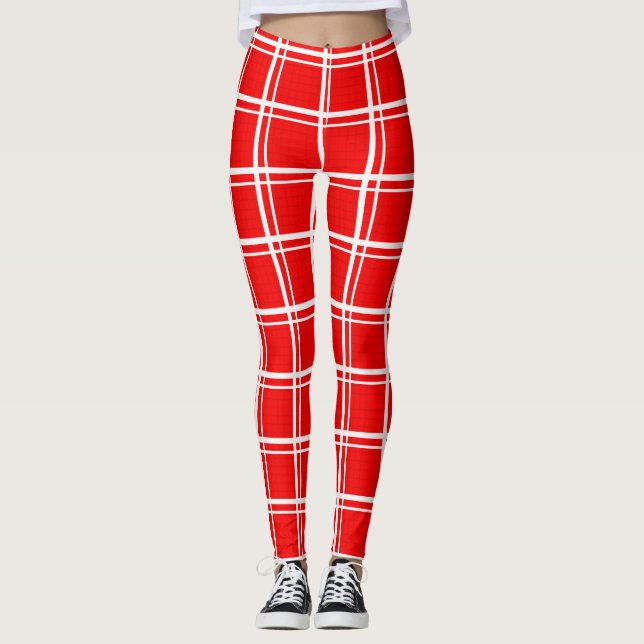 Red Windowpane Plaid Grid Stripes Pattern Design Leggings (Front)