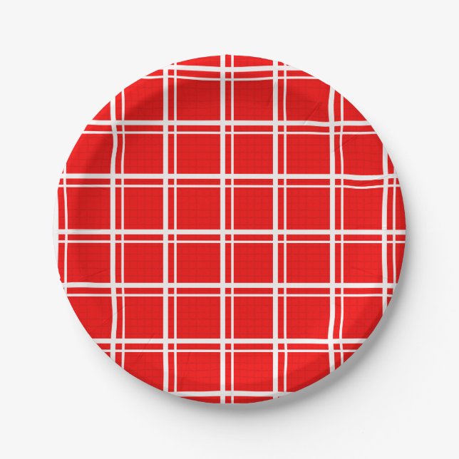 Red Windowpane Plaid Grid Stripes Pattern Design Paper Plate (Front)