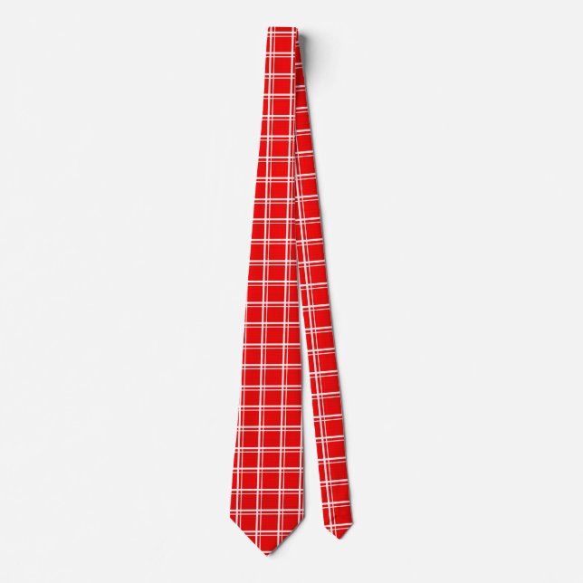 Red Windowpane Plaid Grid Stripes Pattern Design Tie (Front)