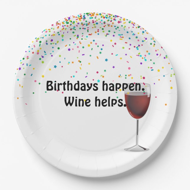 Red wine and birthday party confetti paper plate (Front)