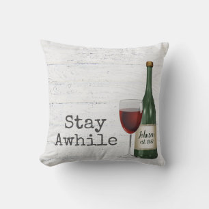 Red Wine and Bottle On Wood   Cushion