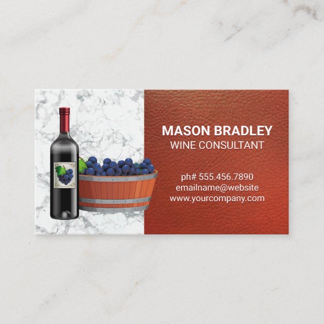 Red Wine and Grape Bucket | Red Leather Marble Business Card (Front)