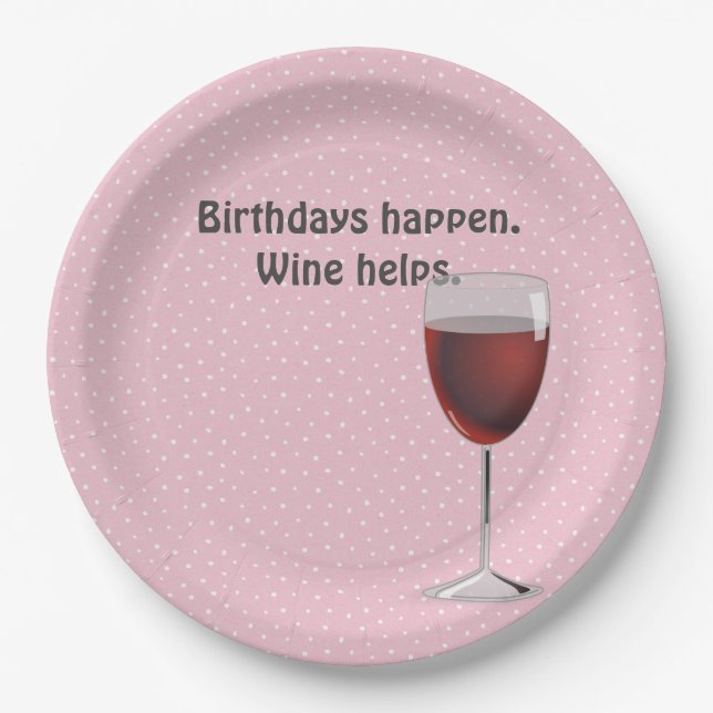 Red Wine and Polka Dots Birthday Paper Plate (Front)