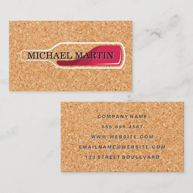 Red Wine Bottle | Cork Background Business Card (Front/Back)