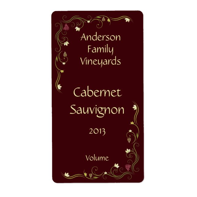 Red Wine Bottle Label with Grapevine Accent (Front)