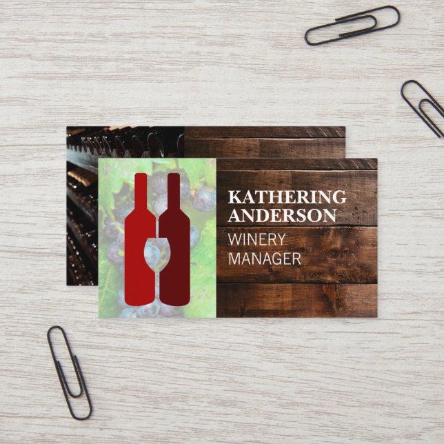 Red Wine Bottles | Wine Glass | Wood Wine Grapes Business Card (Front/Back In Situ)