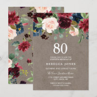 Red Wine Burgundy Floral 80th Birthday Party