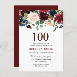 Red Wine Burgundy Flowers 100th Birthday Invite