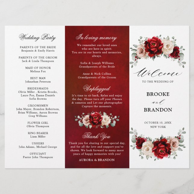 Red Wine Champagne Ivory Mauve Wedding Program (Front)