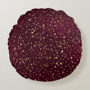 Red Wine Colour Golden Stars Astronomy Astrology Round Cushion