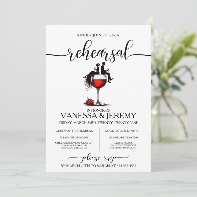 Red Wine Couple Rehearsal Dinner Invitation (Standing Front)